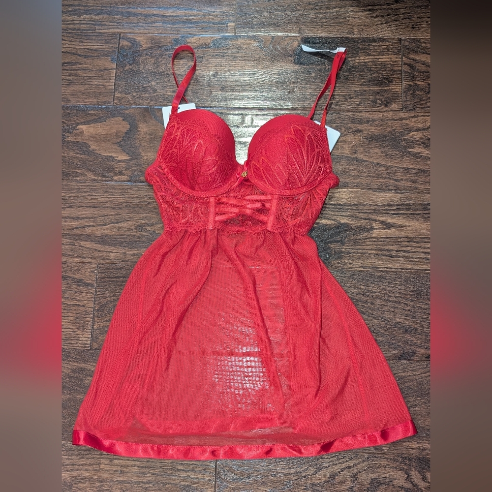 NWT Daisy Fuentes Lace Babydoll Lingerie in Chili Red - Picture 6 of 10
